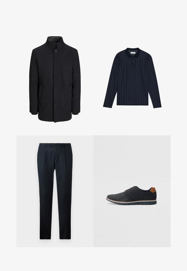Men's black wool coat with high collar, concealed zipper, single button closure, and side pockets.; Navy long-sleeve polo shirt with a collared neckline, featuring thin vertical stripes and three-button placket. Soft fabric texture.; Black tailored pants made of smooth fabric, featuring a slim fit design, two front pleats, and a flat waistband without visible hardware.; Black synthetic shoes with a textured upper, smooth accents, brown heel, and a contrasting sole. Features minimal lacing and stitch details.