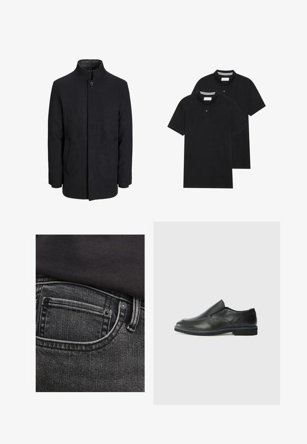 Men's black wool coat with high collar, concealed zipper, single button closure, and side pockets.; Two black polo shirts, short-sleeved, cotton material, featuring a classic collar, two-button placket, and white striped accents inside the collar.; Dark gray denim jeans featured with a top pocket, contrast stitching, and metal rivets. The texture appears slightly worn with vertical lines.; Black leather slip-on shoe with a smooth upper, stitched accents, rounded toe, and a low rubber heel. Sole features minimal tread.