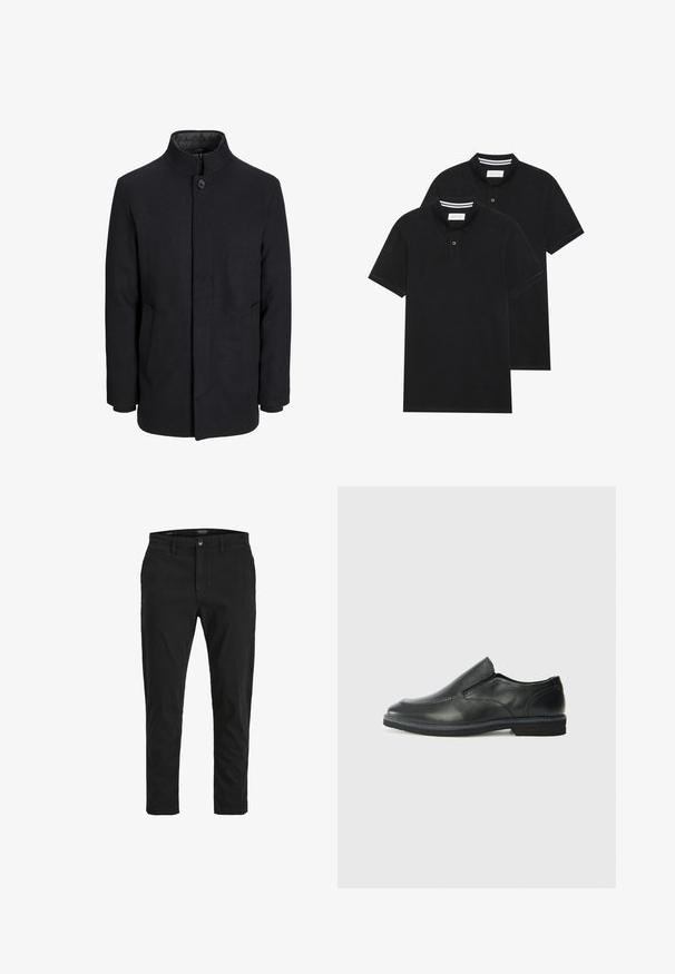 Herren schwarzer Wollmantel mit hohem Kragen, verdecktem Reißverschluss, einreihigem Knopfverschluss und Seitentaschen.; Zwei schwarze Polohemden, kurzärmlig, aus Baumwolle, mit einem klassischen Kragen, zwei Knöpfen und weißen Streifenakzenten im Inneren des Kragens.; Schwarze Chinos mit slim fit, aus Baumwolle. Mit Knopfverschluss, Fronttaschen und einer glatten Textur. Sauberes Design ohne Muster.; Schwarze Leder-Slipper mit glattem Obermaterial, gesteppten Akzenten, runder Zehenpartie und niedrigem Gummiabsatz. Die Sohle hat ein minimales Profil.