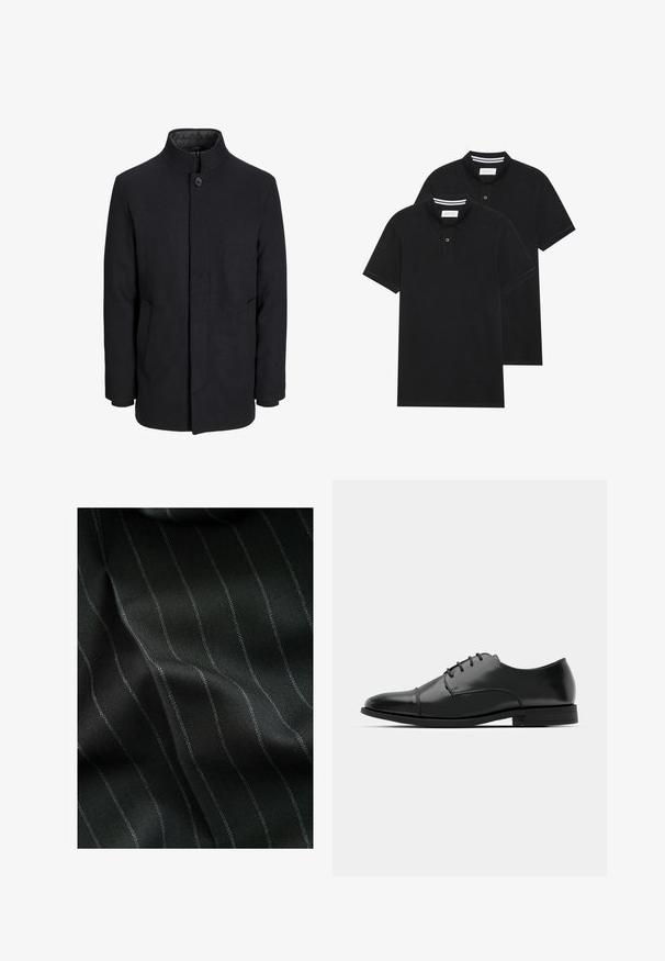 Męski czarny wełniany płaszcz z wysokim kołnierzem, ukrytym zamek błyskawicznym, zapięciem na jeden guzik oraz bocznymi kieszeniami.; Dwie czarne koszulki polo z krótkim rękawem, wykonane z materiału bawełnianego, z klasycznym kołnierzykiem, z zapięciem na dwa guziki oraz białymi paskami wewnątrz kołnierza.; Czarna tkanina w wzór w jodełkę z cienkimi białymi paskami. Tekstura wydaje się gładka z subtelną głębią z tkania.; Czarne skórzane buty do garnituru z okrągłym noskiem, sznurowanym zapięciem, subtelnymi detalami przeszycia oraz niskim obcasem. Gładka faktura z polerowanym wykończeniem.