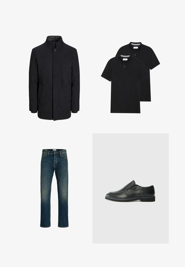 Meeste must villane mantel kõrge kraega, peidetud tõmblukk, ühe nööbiga kinnitamine ja küljetaskud.; Kaks musta polo särki, lühikeste varrukatega, puuvillane materjal, klassikalise kraega, kahe nupuga kinnitusega, valgete triipudega krae sisepinnal.; Denim teksad keskmiselt sinise pesu, sirge jalaga lõiguga, klassikalise viie taskuga disain ning kergelt kulunud piirkonnad reitel tekstuuri jaoks.; Must musta laia suuga king, millel on sile ülemine osa, õmmeldud detailid, ümmargune nina ja madal kummist konts. Tallal on minimaalne mustr.