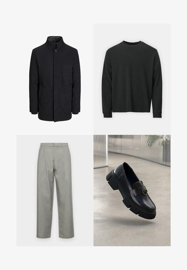 Men's black wool coat with high collar, concealed zipper, single button closure, and side pockets.; Long-sleeve black T-shirt made of cotton, featuring a round neckline, loose fit, and ribbed cuffs. Smooth texture with no visible patterns.; Gray tailored trousers made of textured fabric, featuring a straight-leg design, front pleats, and a standard waistband with belt loops.; Black leather loafers with a chunky rubber sole and pronounced tread. Features a front strap with a circular metal accent.