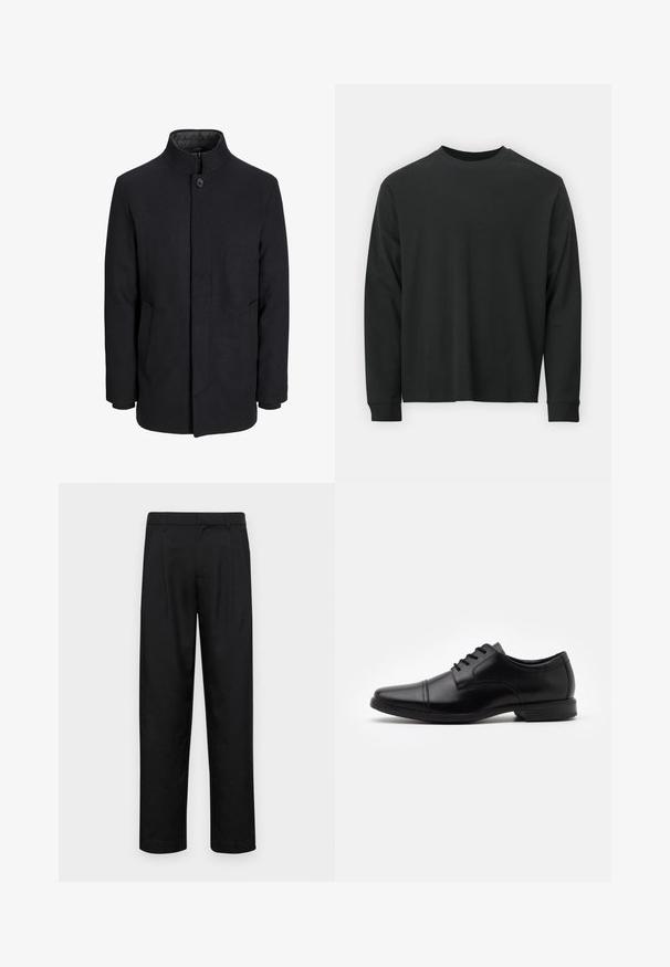 Muški crni vuneni kaput s visokim ovratnikom, skrivenim patentnim zatvaračem, jednim gumbom za zatvaranje i bočnim džepovima.; Dugi rukav crni majica od pamuka, s okruglim izrezom, slobodnog kroja i rebrastim manžetama. Glatka tekstura bez vidljivih uzoraka.; Crne hlače od glatkog materijala, s dizajnom ravnih nogavica, dva prednja nabora i standardnim pojasom s petljama za remen.; Crne kožne cipele s uskim vrhom, dizajn s vezicama, suptilni detalji šivanja i niska, teksturirana gumena potplata.