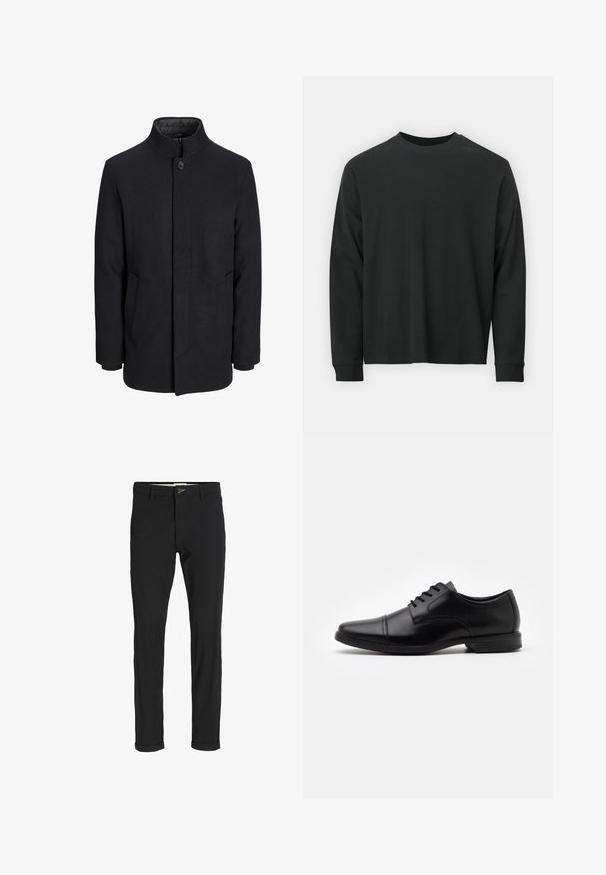 Miestenský čierny vlnený kabát s vysokým golierom, skrytým zipsom, jedným gombíkom na zapínanie a bočnými vreckami.; Pitkähihaine musta T-paita, joka on valmistettu puuvillasta. Tässä paidassa on pyöreä pääntie, rento istuvuus ja ribbikuvioidut hihansuut. Pintakuvasto on sileä ilman näkyviä kuvioita.; Mustat puuvillasekoitehousut, joissa on slim fit -leikkaus, napitus, taskut ja käärityt lahkeet rentoa ilmettä varten.; Musta nahkakengät, joissa on terävä kärki, nauhakiinnitys, hienovaraiset ompeluyksityiskohdat sekä matala, teksturoitu kumipohja.