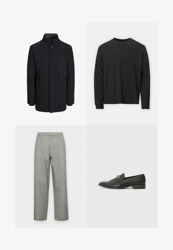 Men's svart ullfrakk med høy krage, skjult glidelås, en knapp lukking og sidelommer.; Langermet svart T-skjorte laget av bomull, med rund hals, løs passform og ribbestrikkede mansjetter. Glatt tekstur uten synlige mønstre.; Grå skreddersydde bukser laget av teksturert stoff, med rett benkonstruksjon, frontfold og standard midje med beltesløyfer.; Sorte skinnloafers med en glatt finish, og med en sydd design og en dekorativ metallkjedeakcent over foten. Flat hæl.