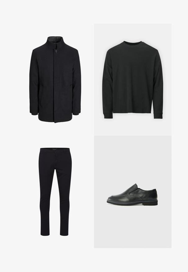 Férfi fekete gyapjú kabát magas gallérral, rejtett cipzárral, egy gombos záródással és oldalzsebekkel.; Fekete, hosszú ujjú póló, 100% pamutból készült, kerek nyakkivágással, bő szabású, bordázott mandzsettákkal. Simaság jellemzi, látható mintázat nélkül.; Sötétkék, slim-fit nadrág sima, szőtt anyagból. Normál derekú, elülső zsebekkel és egy gombos záródással rendelkezik.; Fekete bőr, slip-on cipő sima felsőrésszel, varrott díszítéssel, lekerekített orral és alacsony gumitalppal. A talpa minimális bordázattal rendelkezik.