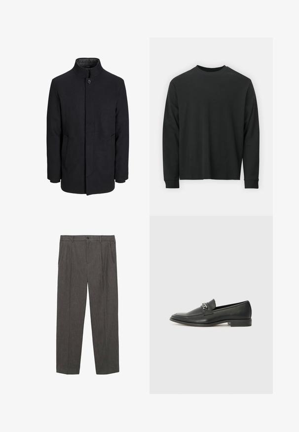 Pánský černý vlněný kabát s vysokým límcem, skrytým zipem, zapínáním na jeden knoflík a bočními kapsami.; Černé tričko s dlouhými rukávy vyrobené z bavlny, s kulatým výstřihem, volným střihem a žebrovanými manžetami. Hladká textura bez viditelných vzorů.; Šedé, upravené kalhoty vyrobené z texturované látky. Mají knoflíkovou pevnost, dvě přední kapsy a rovné nohavice.; Černé kožené mokasíny s hladkým povrchem, s prošívaným designem a dekoračním kovovým řetízkem přes nárt. Plochý podpatek.
