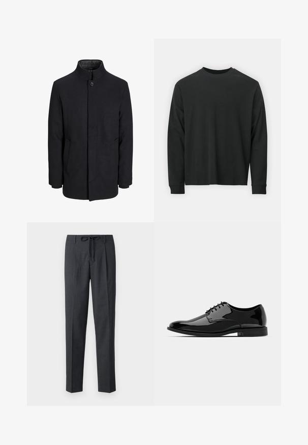 Pánský černý vlněný kabát s vysokým límcem, skrytým zipem, zapínáním na jeden knoflík a bočními kapsami.; Černé tričko s dlouhými rukávy vyrobené z bavlny, s kulatým výstřihem, volným střihem a žebrovanými manžetami. Hladká textura bez viditelných vzorů.; Upravené tmavě šedé kalhoty s texturovaným vzorem, rovný střih a nastavitelné tkaničky v pase. Hladká tkanina s pečlivě zpracovanými švy.; Černé lakované kožené dress boty s kulatou špičkou, šněrovacím designem a hladkým, lesklým povrchem. Disponují nízkoprofilovou gumovou podrážkou.