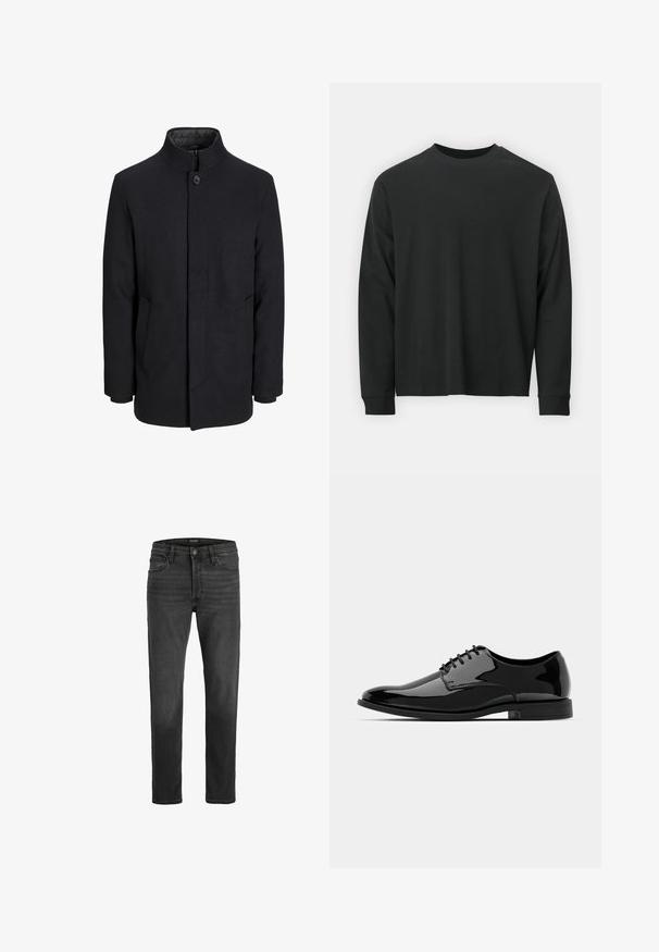 Men's black wool coat with high collar, concealed zipper, single button closure, and side pockets.; Long-sleeve black T-shirt made of cotton, featuring a round neckline, loose fit, and ribbed cuffs. Smooth texture with no visible patterns.; Black denim jeans with a straight fit, five-pocket design, and zip fly. Features subtle fading and contrast stitching.; Black patent leather dress shoe with a rounded toe, lace-up design, and smooth, shiny surface. Features a low-profile rubber sole.