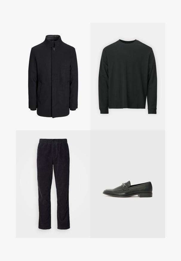 Zwart wollen mannenjas met hoge kraag, verborgen rits, sluiting met één knop en zijzakken.; Zwarte longsleeve T-shirt van katoen, met een ronde halslijn, een losse pasvorm en geribbelde boorden. Glad oppervlak zonder zichtbare patronen.; Zwarte corduroy broek met een recht model, elastische tailleband en subtiele verticale ribbelstructuur. Geen zichtbare hardware.; Zwarte leren instapper met een gladde afwerking, voorzien van een gestikt ontwerp en een decoratieve metalen kettingaccent over de wreef. Platte hak.