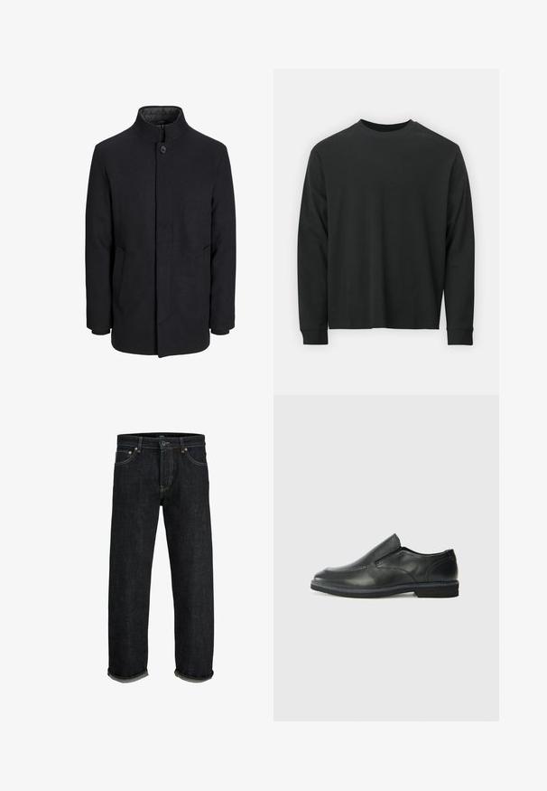 Vīriešu melns vilnas mētelis ar augstu apkakli, slēptu rāvējslēdžu, vienu pogu aizdari un sānu kabatām.; Garās piedurknes melna T-kreklā, izgatavota no kokvilnas, ar apaļu kakla izgriezumu, brīvu piegriezumu un ribotām piedurknēm. Gluda tekstūra bez redzamām rakstainēm.; Tumši zila džinsu bikses ar taisnu piegriezumu, ar pogu un rāvējslēdzēju, ar sarullētām piedurknēm un kontrastējošiem šuvju elementiem.; Melnas ādas slip-on kurpes ar gludu augšdaļu, izšūtām akcentiem, noapaļotu purngala daļu un zemu gumijas papēdi. Zole ar minimālu rakstu.