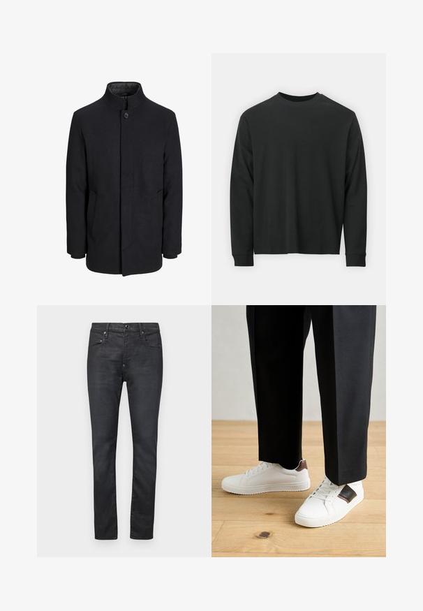 Férfi fekete gyapjú kabát magas gallérral, rejtett cipzárral, egy gombos záródással és oldalzsebekkel.; Fekete, hosszú ujjú póló, 100% pamutból készült, kerek nyakkivágással, bő szabású, bordázott mandzsettákkal. Simaság jellemzi, látható mintázat nélkül.; Fekete farmernadrág, slim fit szabással. Öt zsebbel, gombos és cipzáras záródással, valamint sima textúrával rendelkezik.; Fehér sneaker, sima textúrával, barna bőr díszítéssel és fekete részletekkel, fekete szabott nadrággal párosítva. Fából készült padló háttér.