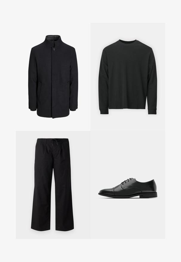 Vyriškas juodas vilnonis paltas su aukštu apykakle, užslėptu užtrauktuku, vienu užsegimu ir šoninėmis kišenėmis.; Ilga melsva juoda marškinėliai, pagaminti iš medvilnės, su apvaliu iškirpimu, laisvu siluetu ir ripsuota apykakle. Lygus paviršius be matomų raštų.; Jack & Jones JPSTBILL JJJAMIE PLEATED JOGGER - Kelnės - black; Juodas odinis džinsinis batų modelis su apvaliu galiuku, raišteliu ir subtiliomis siūlėmis, taip pat žemu kulnu. Lygus pavirčius su blizgiu apdaila.