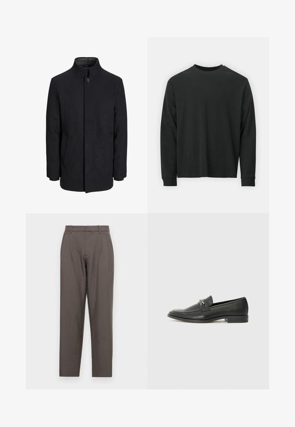Palton negru din lână pentru bărbați, cu guler înalt, fermoar ascuns, închidere cu un singur buton și buzunare laterale.; Tricou negru cu mânecă lungă, realizat din bumbac, cu guler rotund, croială lejeră și manșete ribbate. Textură netedă, fără modele vizibile.; Jack & Jones JPSTBILL JJDAYTONA WIDE - Pantaloni - pavement; Pantofii negri din piele cu un finisaj neted, având un design cusut și un accent decorativ de lanț metalic peste partea de sus. Toc plat.