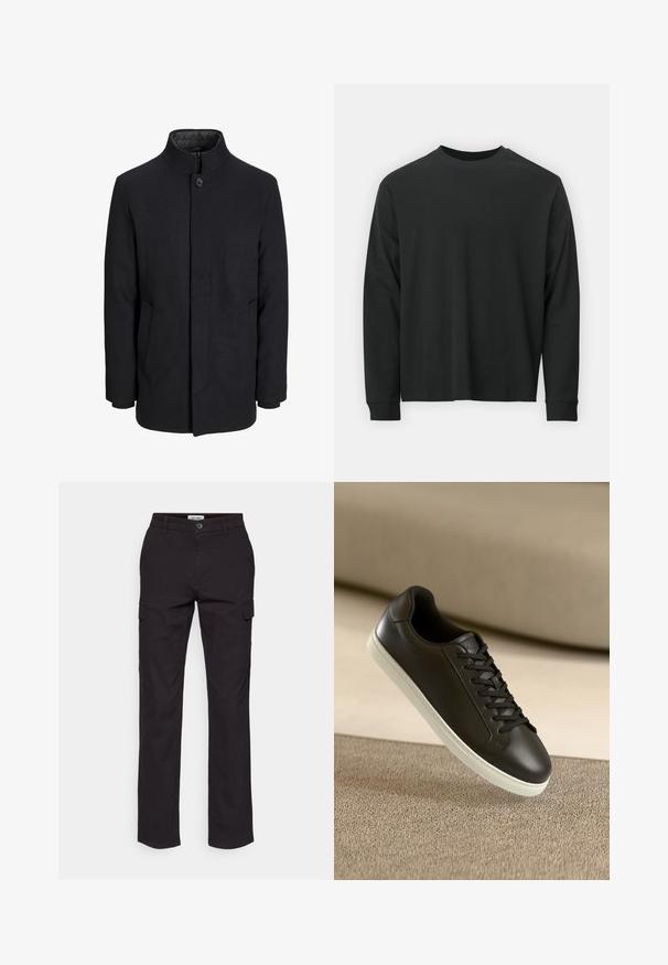 Herre sort uldfrakke med høj krave, skjult lynlås, enkelt knaplukning og sidelommer.; Langærmet sort T-shirt lavet af bomuld, med rund halsudskæring, løs pasform og ribbede ærmer. Glat tekstur uden synlige mønstre.; Sorte cargo-bukser med lige ben-design, der har sidelommer, en knaplukning og et robust bomuldsblandingsmateriale.; Sort lædersneaker med hvid gummisål og sorte snørebånd, placeret mod en beige stofoverflade og baggrund.