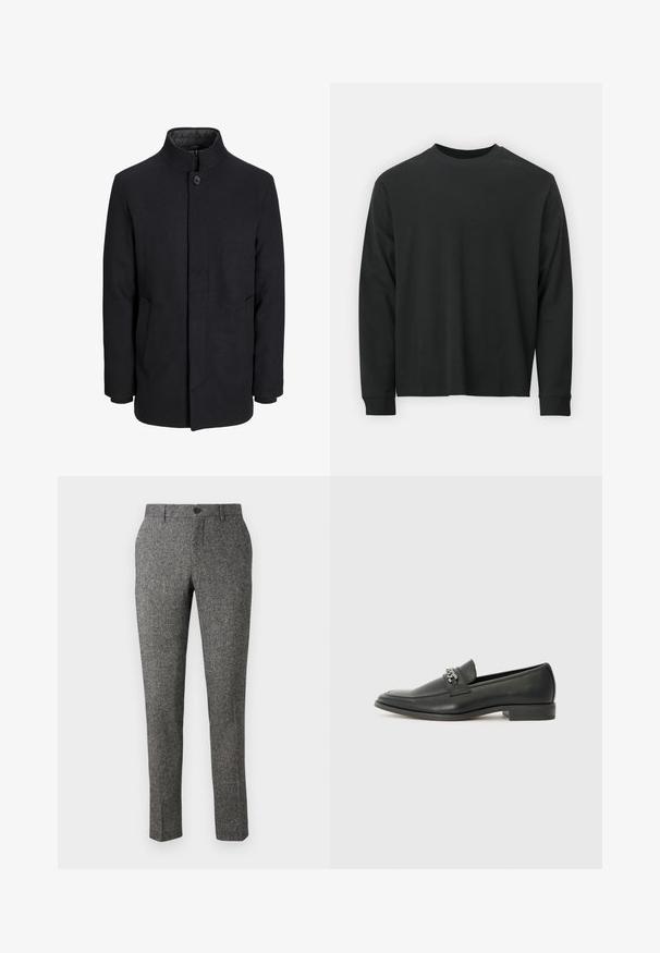 Svart ullrock för män med hög krage, dold dragkedja, singel knappstängning och sidofickor.; Långärmad svart T-shirt gjord av bomull, med rund halsringning, lös passform och ribbade ärmslut. Slät textur utan synliga mönster.; Lindbergh PANTS - Tygbyxor - brown; Svart läderloafers med en slät yta, med en sydd design och en dekorativ metallkedjeaccent över västen. Platt häldesign.