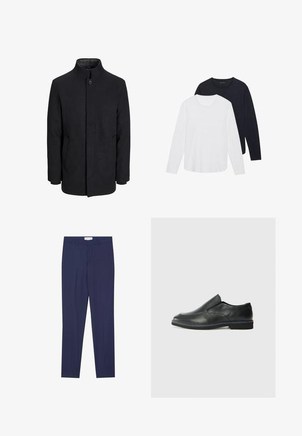 Men's svart ullfrakk med høy krage, skjult glidelås, en knapp lukking og sidelommer.; To lange ermer t-skjorter: en hvit og en mørkegrå. Begge har rund hals og en glatt, myk tekstur.; Marinebukser laget av glatt stoff, med flat front, to sidelommer, glidelås og ren kant uten mønstre eller detaljer.; Sorte skinn slip-on sko med en jevn overflate, stikking detaljer, rund tå og en lav gummihæl. Sålen har minimal mønstring.