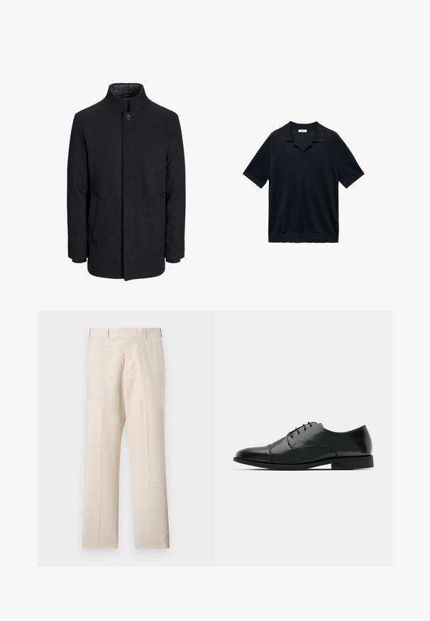 Muški crni vuneni kaput s visokim ovratnikom, skrivenim patentnim zatvaračem, jednim gumbom za zatvaranje i bočnim džepovima.; Crna kratkodlana polo majica s V-izrezom, ravnim ovratnikom i rebrastom teksturom. Materijal izgleda lagano i glatko.; Bež hlače izrađene od tkanine s glatkom teksturom, s ravnim prednjim dijelom, bočnim džepovima i ravnim nogavicama.; Crne kožne cipele s okruglim prstom, s vezanjem, suptilnim detaljima šivanja i niskim potplatima. Glatka tekstura s poliranim finišem.