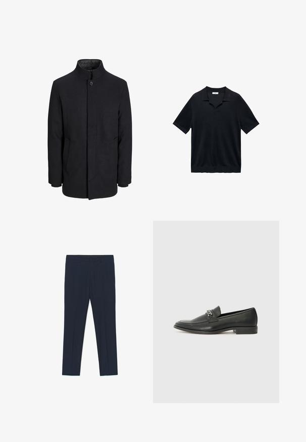 Miestenský čierny vlnený kabát s vysokým golierom, skrytým zipsom, jedným gombíkom na zapínanie a bočnými vreckami.; Musta lyhythihainen polo-paita, jossa on V-pääntie, litteä kaulus ja ribbitoiminta. Materiaali vaikuttaa kevyeltä ja sileältä.; Laivastonsiniset viralliset housut, joissa on räätälöity muotoilu, sileä pinta ja kaksi etutaskua, puhtaat linjat ja suora istuvuus.; Musta nahkakengät, joissa on sileä pinta, koristeelliset ompeleet ja metalliketjun yksityiskohta kengän päällä. Littee korko.