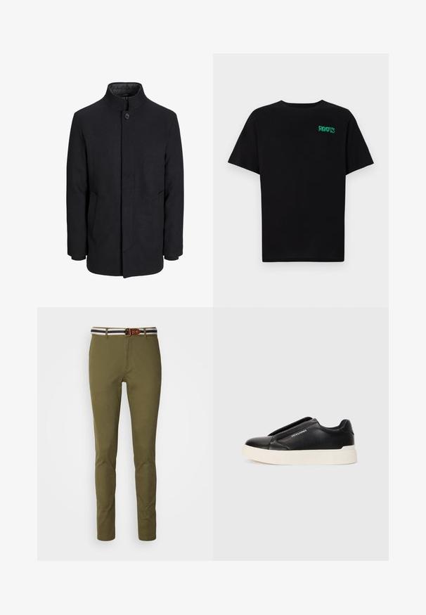 Cappotto da uomo in lana nera con colletto alto, zip nascosta, chiusura a un bottone e tasche laterali.; T-shirt nera in cotone con maniche corte. Presenta un logo verde "ROOTS" sulla parte frontale, colletto rotondo e vestibilità standard.; Pantaloni slim-fit verde oliva con finitura liscia, dotati di una cintura a righe blu navy e bianca e un accento in galvanica di cuoio marrone.; Sneaker nera slip-on con parte superiore in pelle texturizzata, suola in gomma bianca e senza lacci visibili. Presenta il logo del marchio sul lato.