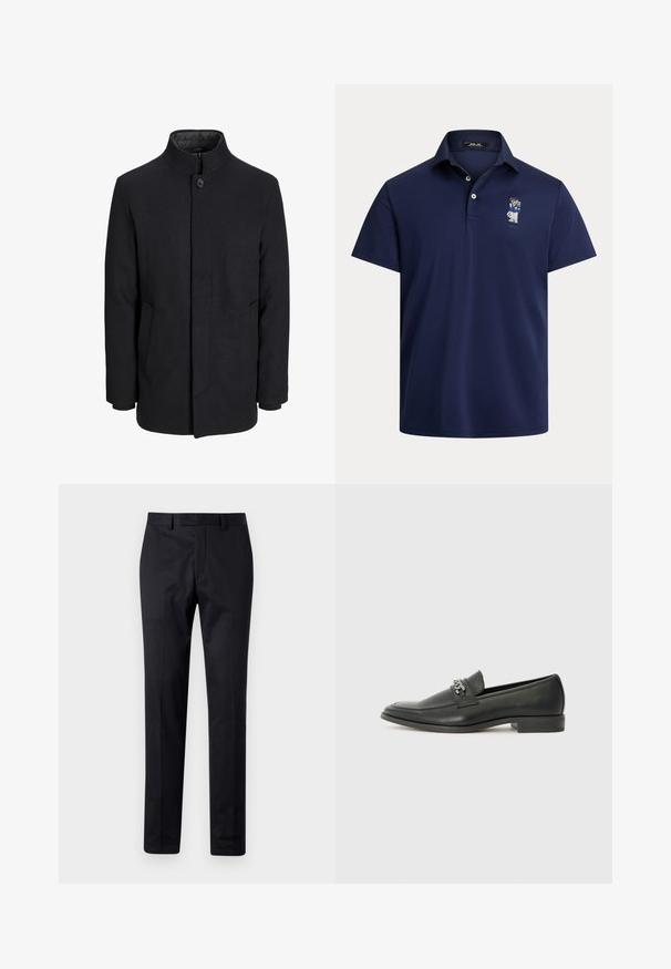 Moška črna volnena jakna z višjim ovratnikom, skritim zadrgo, enojnim gumbom za zapiranje in stranskimi žepi.; Temno modra polo majica iz mehke tkanine, z ovratnikom s tremi gumbi in majhnim vezenim motivom na levi prsni strani.; Črne hlače ravnega kroja iz gladkega materiala, z ravnim sprednjim delom, zanke za pas in skrbno preglačene gube.; Črni usnjeni loafer z gladko površino, ki ima šivano zasnovo in dekorativni kovinski verižni naglas preko vampirja. Ravno peto.