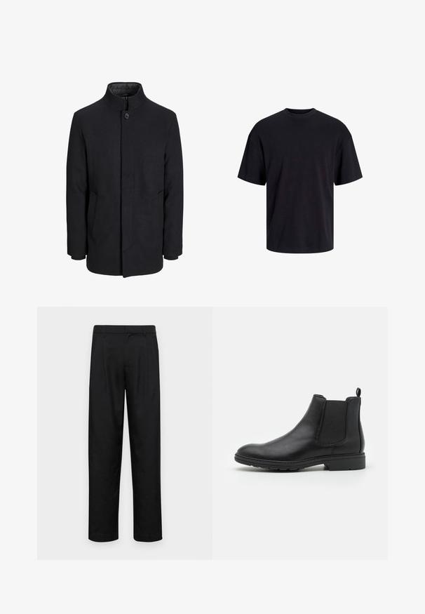 Abrigo de lana negro para hombre con cuello alto, cremallera oculta, cierre de un botón y bolsillos laterales.; Camiseta de algodón negra con cuello redondo, mangas cortas y un ajuste relajado. Textura suave y sin patrones ni acentos visibles.; Pantalones negros de tela suave, con un diseño de pierna recta, dos pliegues frontales y una cintura estándar con trabillas para el cinturón.; Botín Chelsea de cuero negro con paneles laterales elásticos y una tira de sujeción, con punta redondeada y suela de goma texturizada.