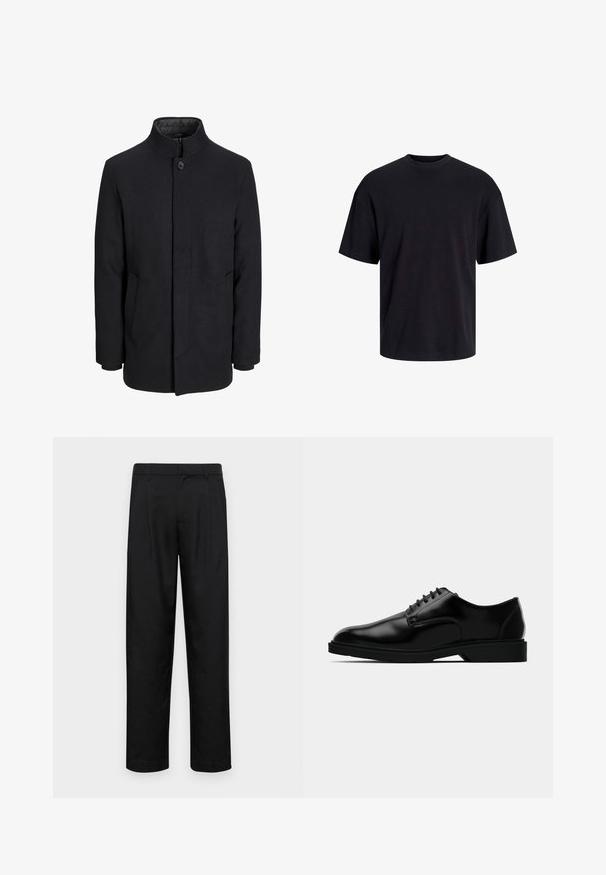 Zwart wollen mannenjas met hoge kraag, verborgen rits, sluiting met één knop en zijzakken.; Zwarte katoenen t-shirt met een ronde halslijn, korte mouwen en een relaxte pasvorm. Glad textuur en geen zichtbare patronen of accenten.; Zwarte broeken van gladde stof, met een recht model, twee voorknikken en een standaard tailleband met riemlussen.; Zwarte leren dresschoenen met een gladde afwerking, ronde neus, vetersluiting en een bescheiden rubberen zool voor grip.