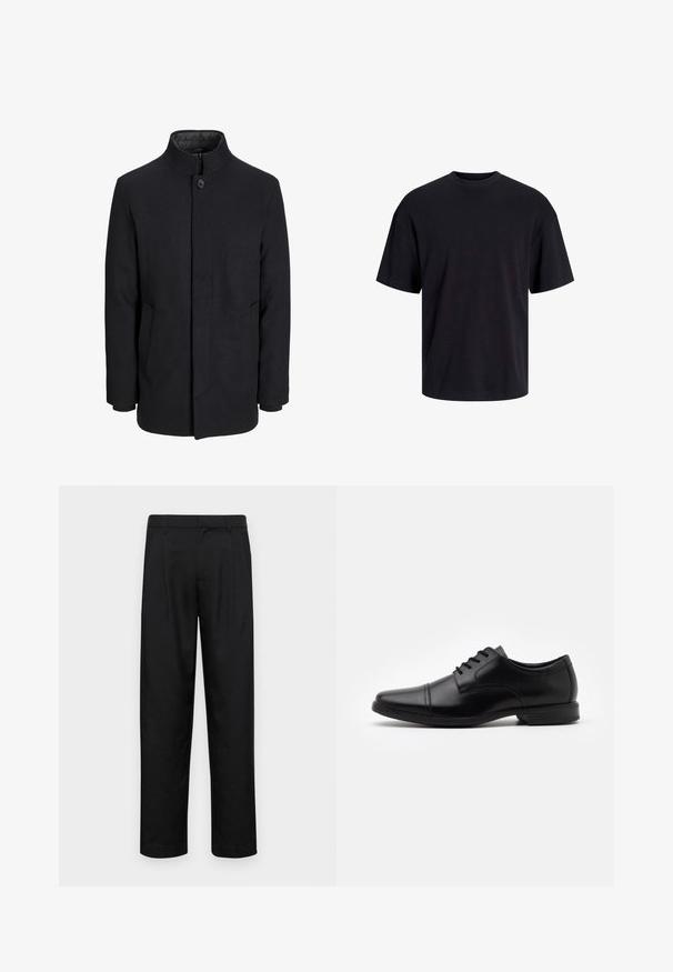 Cappotto da uomo in lana nera con colletto alto, zip nascosta, chiusura a un bottone e tasche laterali.; T-shirt in cotone nero con collo rotondo, maniche corte e vestibilità morbida. Texture liscia senza pattern o dettagli visibili.; Pantaloni neri realizzati in tessuto liscio, caratterizzati da un taglio dritto, due pieghe frontali e una vita standard con passanti per la cintura.; Scarpa da uomo in pelle nera con punta affilata, design allacciato, dettagli di cucitura sottile e suola in gomma texturizzata bassa.