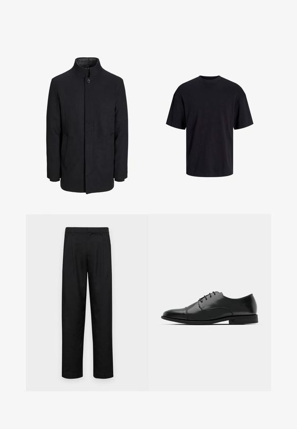 Men's black wool coat with high collar, concealed zipper, single button closure, and side pockets.; Black cotton t-shirt with a crew neckline, short sleeves, and a relaxed fit. Smooth texture and no visible patterns or accents.; Black trousers made of smooth fabric, featuring a straight-leg design, two front pleats, and standard waistband with belt loops.; Black leather dress shoe with a rounded toe, lace-up design, subtle stitching details, and a low heel. Smooth texture with polished finish.