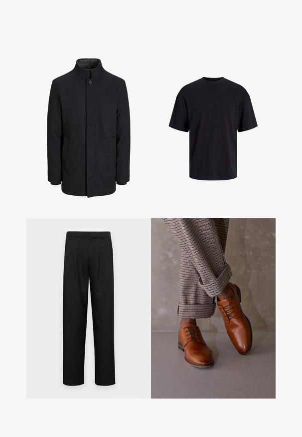 Manteau en laine noir pour homme avec col haut, fermeture éclair dissimulée, fermeture à un bouton et poches latérales.; T-shirt en coton noir avec un col ras du cou, des manches courtes et une coupe décontractée. Texture lisse sans motifs ni accents visibles.; Pantalons noirs en tissu lisse, avec une coupe droite, deux plis avant et une taille standard avec passants de ceinture.; Des chaussures en cuir marron présentent un bout arrondi, un laçage à cinq œillets et des lacets sombres contrastés. Le pantalon est à carreaux, retroussé aux poignets.