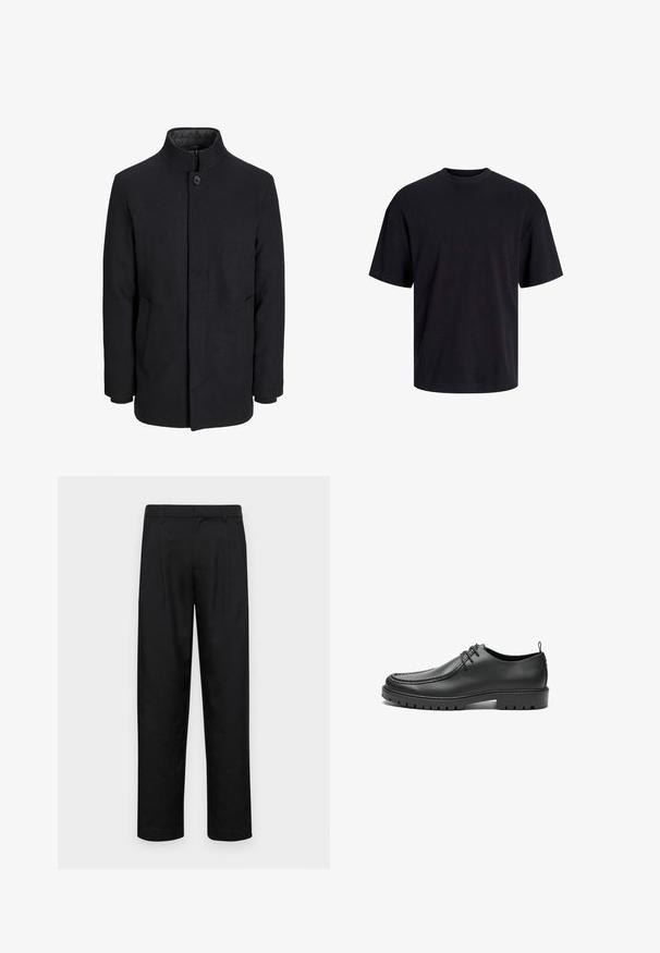 Pánský černý vlněný kabát s vysokým límcem, skrytým zipem, zapínáním na jeden knoflík a bočními kapsami.; Černé bavlněné tričko s kulatým výstřihem, krátkými rukávy a volným střihem. Hladká textura a žádné viditelné vzory ani akcenty.; Černé kalhoty vyrobené z hladké látky, s rovnou nohavicí, dvěma předními sklady a standardním pasem se poutky na opasek.; Černé kožené boty s hladkým povrchem, kulatou špičkou a dekorativním prošíváním. Mají gumovou podrážku s protiskluzovými drážkami a šněrovací design.