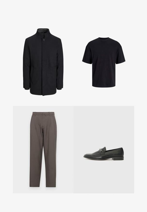 Zwart wollen mannenjas met hoge kraag, verborgen rits, sluiting met één knop en zijzakken.; Zwarte katoenen t-shirt met een ronde halslijn, korte mouwen en een relaxte pasvorm. Glad textuur en geen zichtbare patronen of accenten.; Jack & Jones JPSTBILL JJDAYTONA WIDE - Broek - pavement; Zwarte leren instapper met een gladde afwerking, voorzien van een gestikt ontwerp en een decoratieve metalen kettingaccent over de wreef. Platte hak.