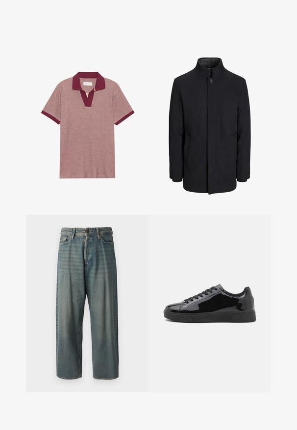 Vyriškas juodas vilnonis paltas su aukštu apykakle, užslėptu užtrauktuku, vienu užsegimu ir šoninėmis kišenėmis.; Trumpas rankovėmis polo marškinėliai burgundiško ir šviesiai raudono atspalvio tekstūra, su giliu V formos iškirpimu ir kontrastingais burgundiško atspalvio apykakle bei rankogaliais.; Šviesiai mėlyni džinsai su laisvu siluetu, vidutinio aukščio juosmeniu ir tiesiomis kojomis. Su penkiais kišenėmis, diržo kilpo ir mygtukų uždarymu.; Juodi patentiniai oda sportbačiai su apvaliu nosiu, plokščiu guma apavu ir juodais raiščiais. Lygi, blizgi tekstūra viršutinėje dalyje.