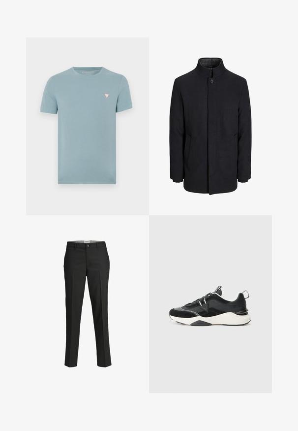 Zwart wollen mannenjas met hoge kraag, verborgen rits, sluiting met één knop en zijzakken.; Lichtblauw t-shirt met korte mouwen van zacht katoen. Heeft een klein driehoekig logo in rood en wit op de linkerborst.; Zwarte broek, getailleerde pasvorm, gladde stof, middelhoge taille, sluiting met frontknop, diagonale zakken en plooien langs de benen.; Zwarte sneaker met een mix van suede en mesh materialen, chunky witte zool en reflecterende accenten. Vetersluiting ontwerp met een trekhaak.