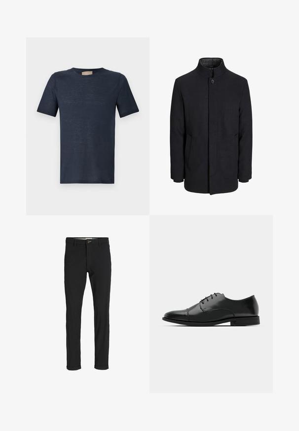 Vyriškas juodas vilnonis paltas su aukštu apykakle, užslėptu užtrauktuku, vienu užsegimu ir šoninėmis kišenėmis.; Tamsiai mėlyna trumpomis rankovėmis apvalaus kaklo marškinėliai, pagaminti iš lengvos, šiek tiek permatomos medžiagos, ant balto fono.; Juodi medvilnės mišiniai kelnės su siauru siluetu, su mygtuko uždarymu, kišenėmis ir sukamučiais galais, suteikiančiais laisvalaikio stilių.; Juodas odinis džinsinis batų modelis su apvaliu galiuku, raišteliu ir subtiliomis siūlėmis, taip pat žemu kulnu. Lygus pavirčius su blizgiu apdaila.