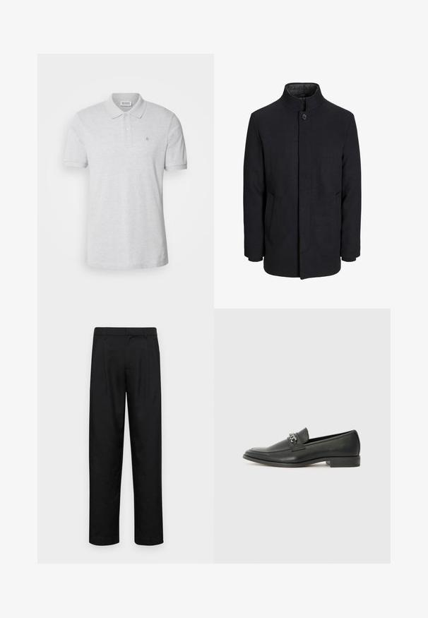 Herren schwarzer Wollmantel mit hohem Kragen, verdecktem Reißverschluss, einreihigem Knopfverschluss und Seitentaschen.; Graues Poloshirt aus Baumwolle mit klassischem Kragen, zwei Knöpfen und einem kleinen gestickten Logo auf der linken Brust.; Schwarze Hose aus glattem Stoff, mit geradem Bein Design, zwei vorderen Falten und einem Standardbund mit Gürtelschlaufen.; Schwarzer Lederloafer mit glatter Oberfläche, ausgestattet mit einer gesteppten Gestaltung und einem dekorativen Metallkettendetail über dem Vorderblatt. Flacher Absatz.