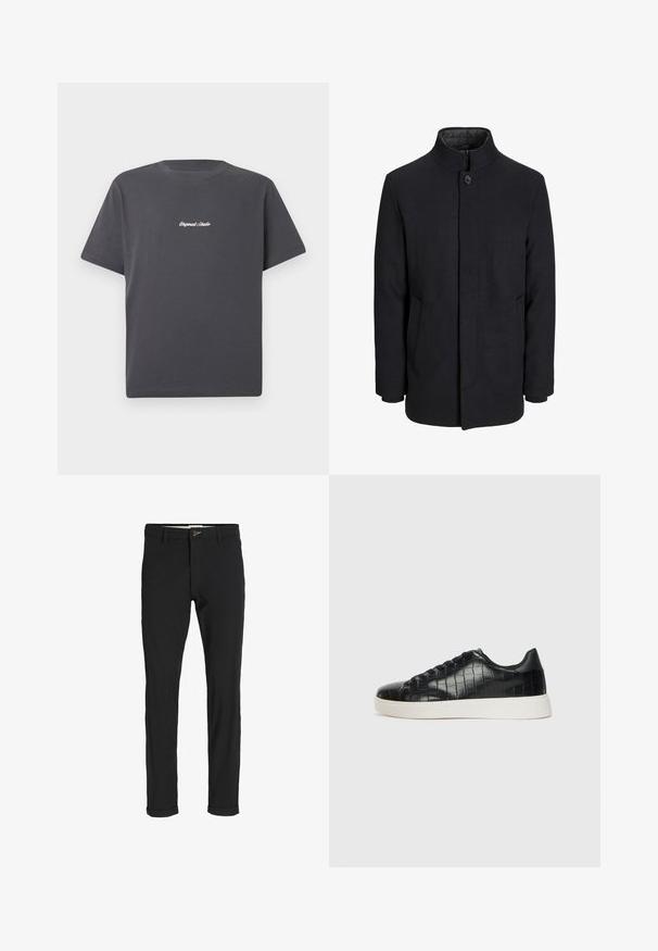 Palton negru din lână pentru bărbați, cu guler înalt, fermoar ascuns, închidere cu un singur buton și buzunare laterale.; Tricou din bumbac gri închis, cu mâneci scurte, gât rotund și text brodat alb "Original Studio" pe piept. Design simplu.; Pantaloni negri din bumbac cu un croi slim, având închidere cu nasture, buzunare și manșete răsturnate pentru un aspect casual.; Tenisi negri cu un exterior din piele texturată imitată crocodil, vârf rotund și o talpă din cauciuc alb contrastant, cu un finisaj neted.