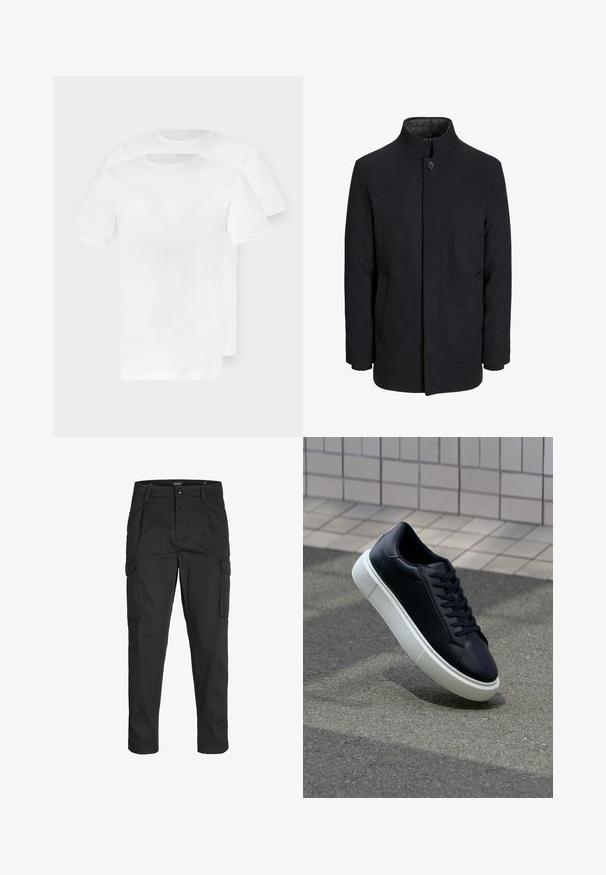 Zwart wollen mannenjas met hoge kraag, verborgen rits, sluiting met één knop en zijzakken.; Twee effen witte katoenen T-shirts met korte mouwen, ronde halslijnen en een gladde, zachte textuur, licht verspringend opgestapeld.; Zwarte cargobroek van stevig stof, met meerdere zakken, een knoopsluiting en een slim fit ontwerp met taps toelopende benen.; Zwarte leren sneaker met een ronde neus en een witte rubberen zool. Voorzien van platte veters en minimale stiksels op het bovenwerk. Textuurrijke zool voor grip.