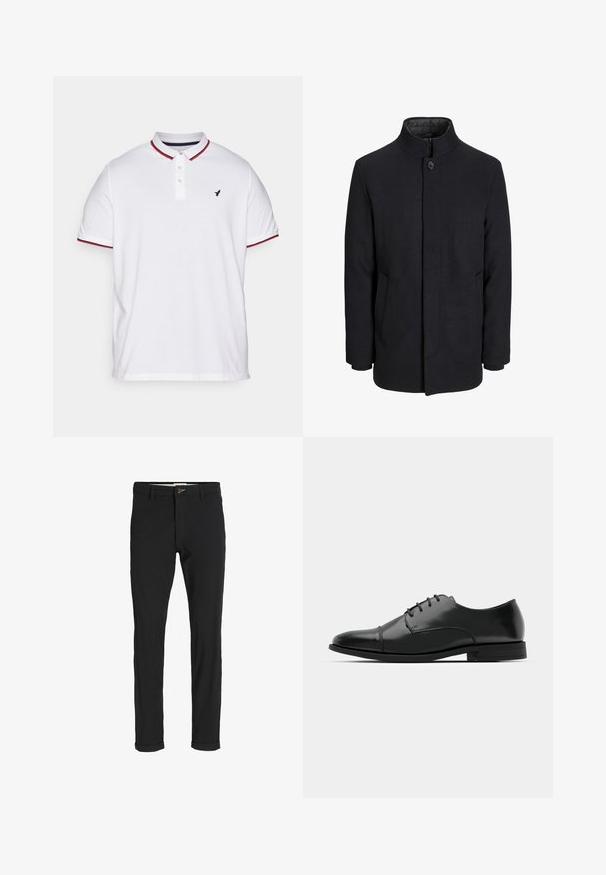 Zwart wollen mannenjas met hoge kraag, verborgen rits, sluiting met één knop en zijzakken.; Witte polo met kraag, drie knopen placket, rood en marineblauw gestreepte accenten op de mouwen en een klein zwart logo op de borst.; Zwarte katoenen broek van een katoenmix met een slim fit, voorzien van een knoopsluiting, zakken en opgerolde mouwen voor een casual afwerking.; Zwarte leren dresschoenen met een ronde neus, vetersluiting, subtiele stiksels en een lage hak. Glad oppervlak met gepolijste afwerking.