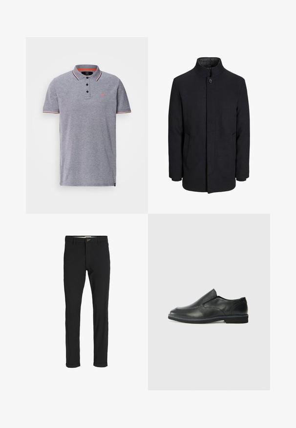 Manteau en laine noir pour homme avec col haut, fermeture éclair dissimulée, fermeture à un bouton et poches latérales.; Polo gris avec un col texturé, patte de boutonnage à trois boutons et accents rougescontrastés sur le col et les manches. Petit logo sur la poitrine.; Pantalons noirs en mélange de coton avec une coupe slim, dotés d'une fermeture à bouton, de poches et de revers pour une finition décontractée.; Chaussure slip-on en cuir noir avec une tige lisse, des accents cousus, un bout arrondi et un petit talon en caoutchouc. La semelle présente un profil de traction minimal.