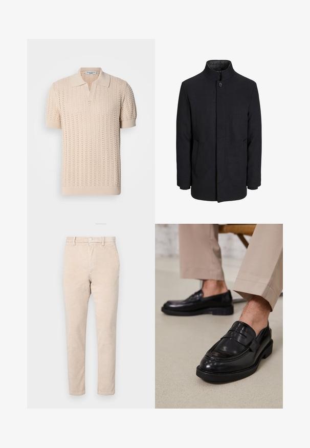 Svart ullrock för män med hög krage, dold dragkedja, singel knappstängning och sidofickor.; Beige stickad pikétröja med korta ärmar, med ett strukturerat hålmönster och en klassisk krage. Mjuk tyg och ribbade manschetter.; Beiga kordflamsbyxor med rak bendesign, med knappstängning, bälteshällor och diskret ribbad struktur.; Svarta läder loafers med en slät finish, prydda med en dekorativ rem och kontrastsöm, tillsammans med beiga byxor.