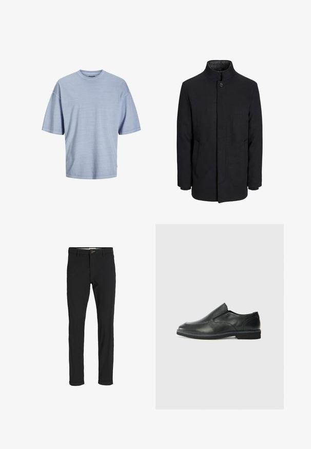 Meeste must villane mantel kõrge kraega, peidetud tõmblukk, ühe nööbiga kinnitamine ja küljetaskud.; Helevalg sinine lühikeste varrukatega t-särk, mis on valmistatud pehmest kangast. Omab ümmargust kaelust ja lõdva lõikega, ning õmmeldud servi. Lihtne disain, mustreid ei ole.; Mustast puuvillasegustest pükstest õhukese lõikega, milles on nööbikinnitus, taskud ja keeratud sääred, et saavutada lõdva lõppviimistluse.; Must musta laia suuga king, millel on sile ülemine osa, õmmeldud detailid, ümmargune nina ja madal kummist konts. Tallal on minimaalne mustr.