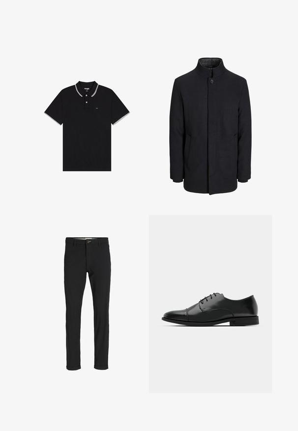 Meeste must villane mantel kõrge kraega, peidetud tõmblukk, ühe nööbiga kinnitamine ja küljetaskud.; Mustmustärk, mis on valmistatud tekstuursetest kangast, omab volditud kraed valgete aktsentidega, kahe nupuga nööpimist ja väikest logo rinnal.; Mustast puuvillasegustest pükstest õhukese lõikega, milles on nööbikinnitus, taskud ja keeratud sääred, et saavutada lõdva lõppviimistluse.; Must must esine tugeva varbaga, luku kinnitusega, peente õmblustete detailidega ja madala kontsaga. Sile tekstuur ja poleeritud viimistlus.