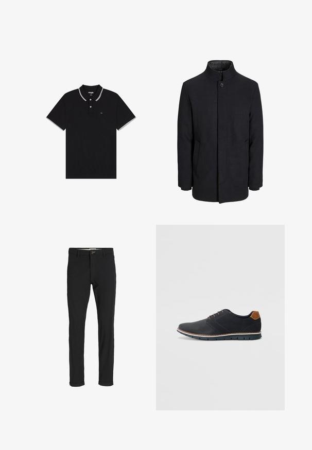 Zwart wollen mannenjas met hoge kraag, verborgen rits, sluiting met één knop en zijzakken.; Zwarte poloshirt van structuurstof, met een omgeslagen kraag met witte accenten, een knoopsluiting met twee knopen en een klein logo op de borst.; Zwarte katoenen broek van een katoenmix met een slim fit, voorzien van een knoopsluiting, zakken en opgerolde mouwen voor een casual afwerking.; Zwarte synthetische schoenen met een gestructureerde bovenkant, gladde accenten, bruine hak en een contrasterende zool. Bevat minimale veters en stikdetails.