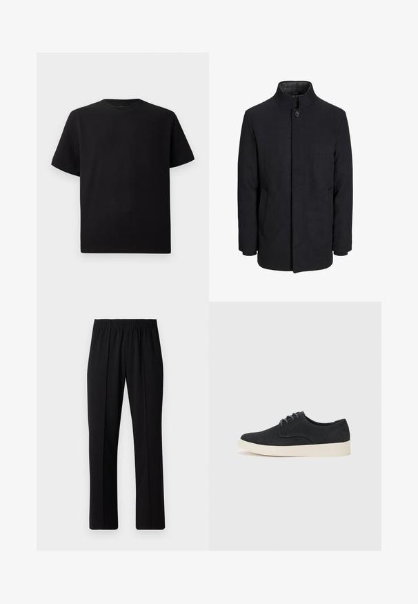 Herren schwarzer Wollmantel mit hohem Kragen, verdecktem Reißverschluss, einreihigem Knopfverschluss und Seitentaschen.; Schwarzes Kurzarm-T-Shirt aus strukturiertem Stoff, mit einem Rundhalsausschnitt und einer lockeren Passform. Einfach, ohne Muster oder Akzente.; Schwarze, Gummibund-Hosen mit geradem Schnitt, die eine glatte Textur aufweisen und keine sichtbaren Muster oder Beschläge haben.; Schwarzes Wildleder-Schnürschuh mit runder Spitze, leichtem cremfarbenem Sohlen und dezenten blauen Stickakzenten auf dem Obermaterial.