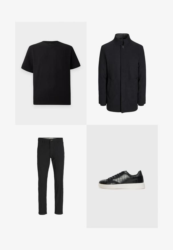 Vīriešu melns vilnas mētelis ar augstu apkakli, slēptu rāvējslēdžu, vienu pogu aizdari un sānu kabatām.; Melnās īsām piedurknēm T-krekls no teksturēta auduma, ar apaļu kakla izgriezumu un brīvu piegriezumu. Vienkāršs, bez rakstiem vai akcentiem.; Melnas kokvilnas maisījuma bikses ar šauru piegriezumu, ar pogu aizdari, kabatām un rullētām piedurknēm ikdienišķam izskatam.; Melni sporta apavi ar teksturētu krokodila raksta ādas augšdaļu, noapaļotu pirkstu daļu un kontrastējošu baltu gumijas zoli ar gludu virsmu.