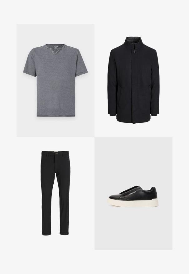Férfi fekete gyapjú kabát magas gallérral, rejtett cipzárral, egy gombos záródással és oldalzsebekkel.; Rövid ujjú, sötétkék-fehér csíkos póló, lekerekített nyakkivágással és két gombbal, puha pamutból készült.; Fekete pamut keverék nadrág, slim fit szabással, gombos záródással, zsebekkel és felgöngyölt szárakkal a laza végeredményért.; Fekete slip-on sneaker, textúrált bőrfelsővel, fehér gumitalppal és láthatatlan fűzőkkel. Az oldalon a márka logója található.