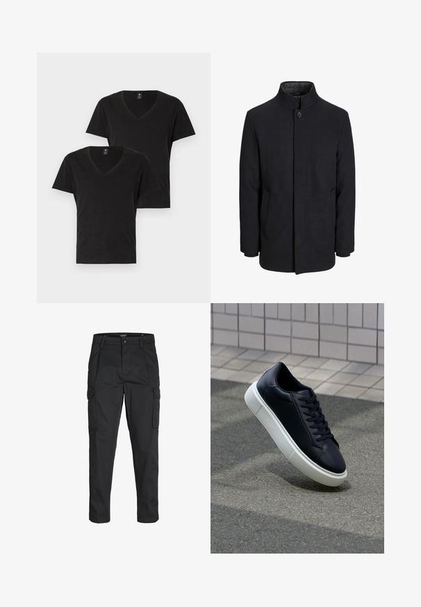 Moška črna volnena jakna z višjim ovratnikom, skritim zadrgo, enojnim gumbom za zapiranje in stranskimi žepi.; Dve črne v-neck majice iz mehkega bombaža. Kratki rokavi in standardni kroj. Minimalističen dizajn z discretnim logotipom na prsih.; Črne cargo hlače iz trdnega blaga, ki imajo več žepov, gumbasto zapiranje in ozek kroj z zožanimi nogami.; Črne usnjene superge z zaobljenim prstom in belim gumijastim podplat. Imajo ravne vezalke in minimalno šivanje na zgornjem delu. Teksturirani podplat za oprijem.