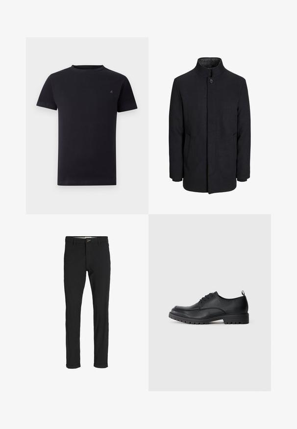 Abrigo de lana negro para hombre con cuello alto, cremallera oculta, cierre de un botón y bolsillos laterales.; Camiseta negra de manga corta con cuello redondo y pequeño logo bordado en el lado izquierdo del pecho, diseño sencillo, ajuste relajado.; Pantalones de mezcla de algodón negros con corte ajustado, que presentan un cierre de botón, bolsillos y puños enrollados para un acabado casual.; Zapato de vestir de cuero negro con textura suave, puntera redondeada, cordones delanteros y suela de goma resistente con un patrón de relieve.