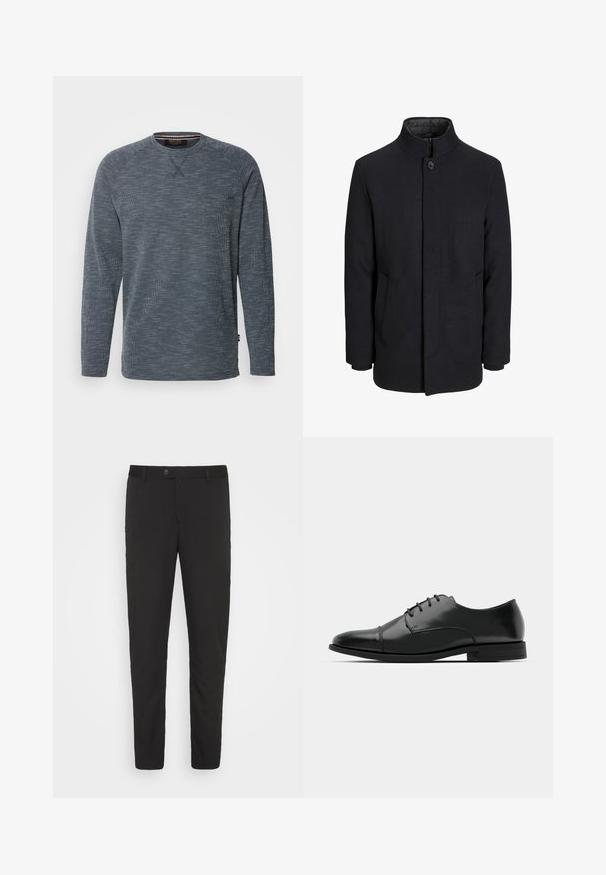 Moška črna volnena jakna z višjim ovratnikom, skritim zadrgo, enojnim gumbom za zapiranje in stranskimi žepi.; INDICODE JEANS Majica z dolgimi rokavi - navy; Črne hlače skrojene s ravnimi nogavicami, sprednjimi žepi in gumbom za zapiranje. Narejene so iz gladkega materiala z rahlim sijajem.; Črne usnjene moške čevlje z zaobljenim nosom, s sistemom vezalk, diskretnimi šivi in nizkih petah. Gladka tekstura s sijočim zaključkom.